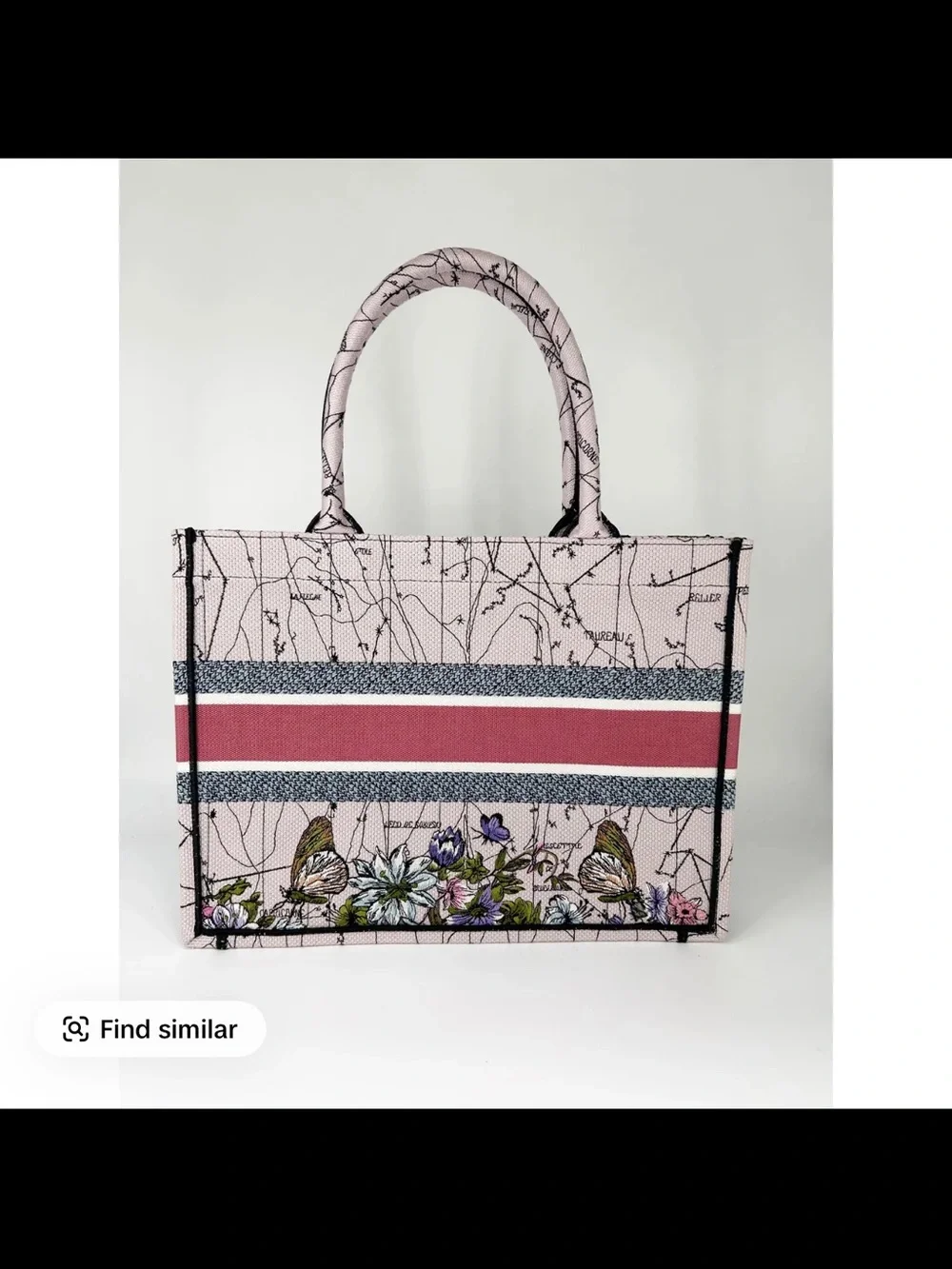 Dior Floral Canvas Tote with Pink Logo Band